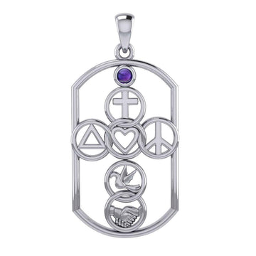 Cross with Love Peace Dove and handshake Silver Pendant with Gemstone TPD7023 - Jewelry
